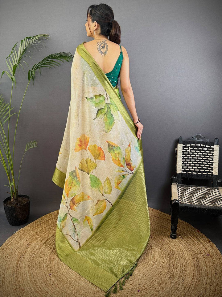 Cream & Olive Green Soft Silk Saree with Watercolor Leaf Print & Elegant Woven Border