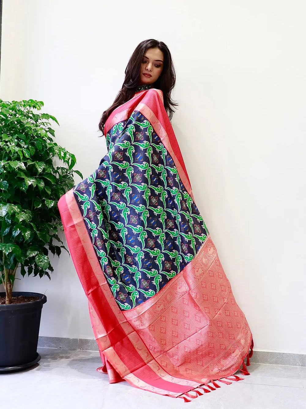 Navy Blue Patola Print Silk Saree with Pink Zari Border & Elegant Woven Pallu