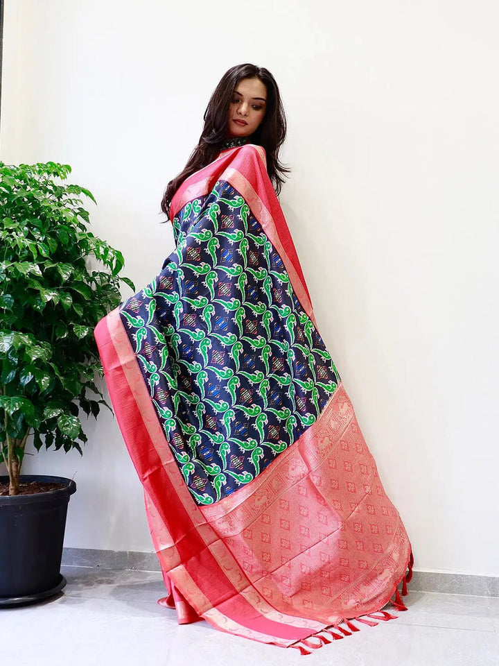 Navy Blue Patola Print Silk Saree with Pink Zari Border & Elegant Woven Pallu
