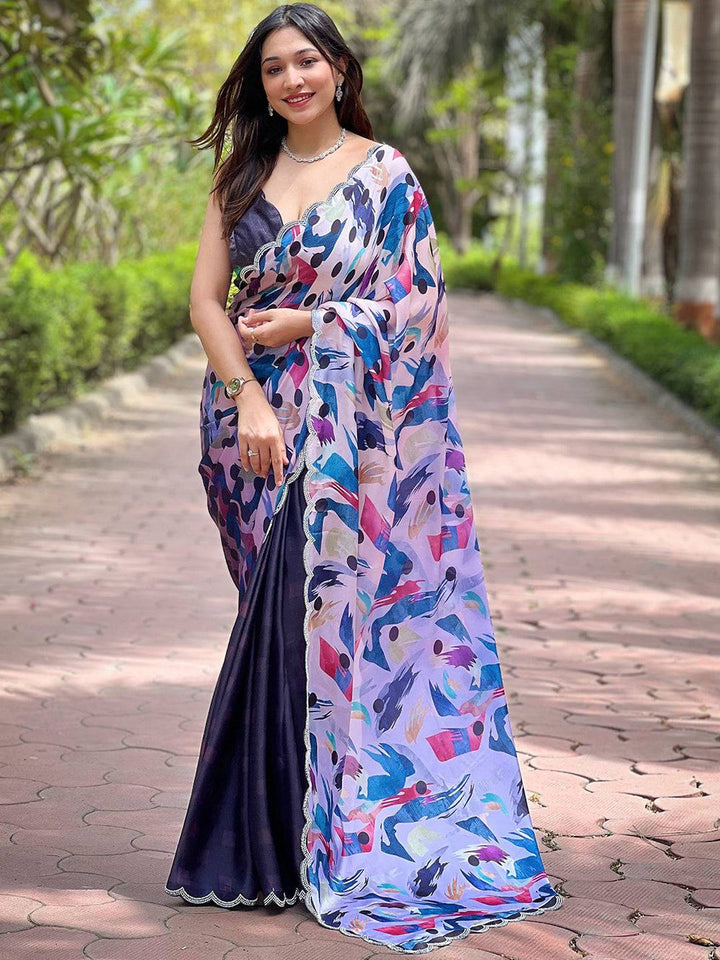 Multicolor Printed Georgette Saree with Scallop Border & Navy Blue Contrast Skirt Style Drape