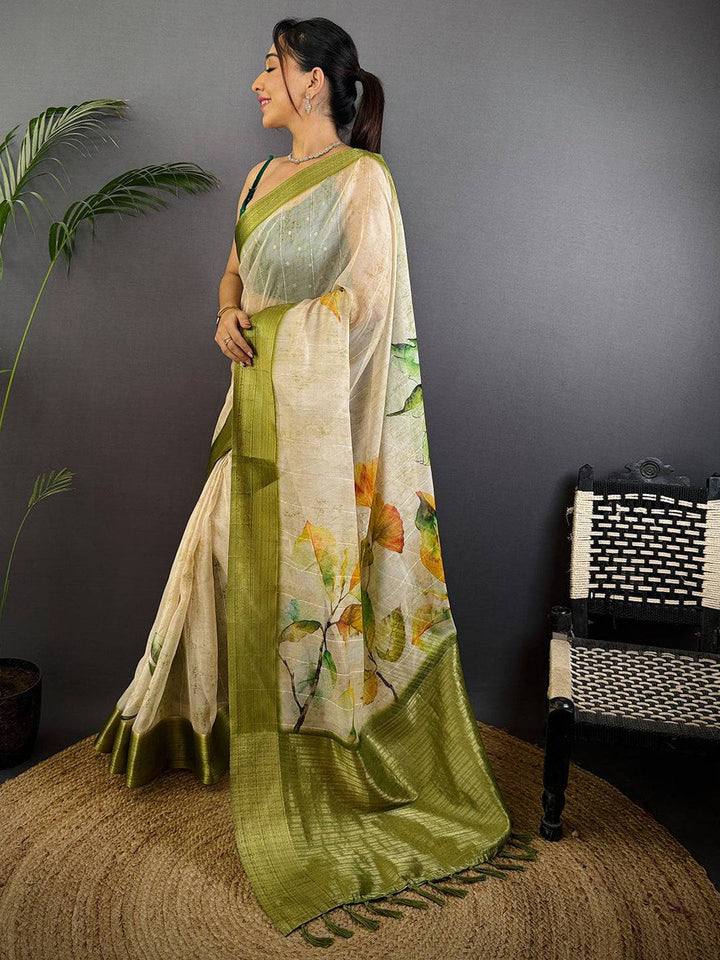 Cream & Olive Green Soft Silk Saree with Watercolor Leaf Print & Elegant Woven Border