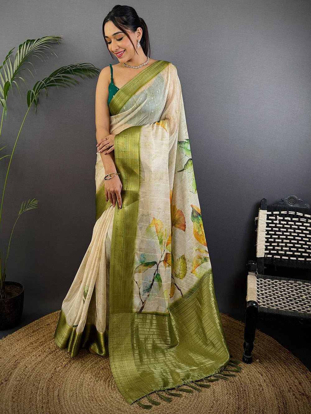Cream & Olive Green Soft Silk Saree with Watercolor Leaf Print & Elegant Woven Border