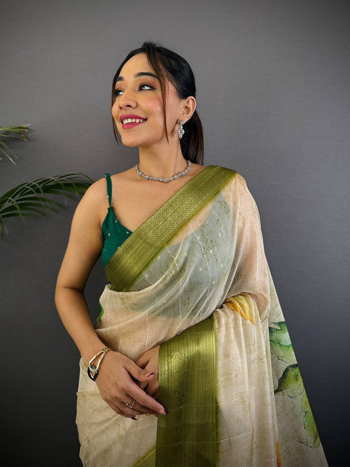 Cream & Olive Green Soft Silk Saree with Watercolor Leaf Print & Elegant Woven Border