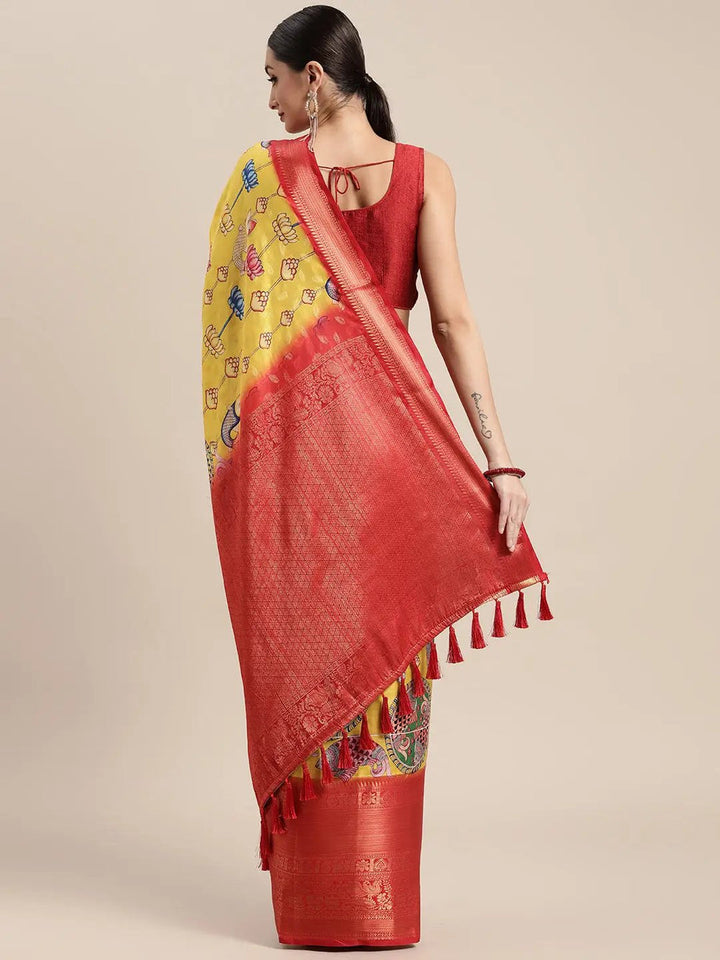 Yellow Printed Silk Saree with Red Zari Border & Traditional Motif Pallu