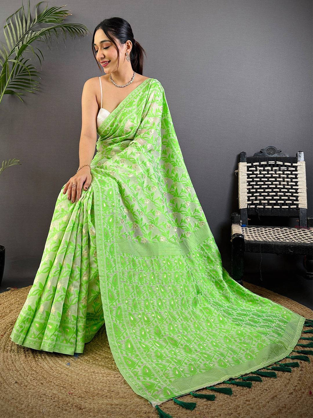 Lime Green Soft Silk Saree with All-Over Jacquard Weaving & Tassel Border