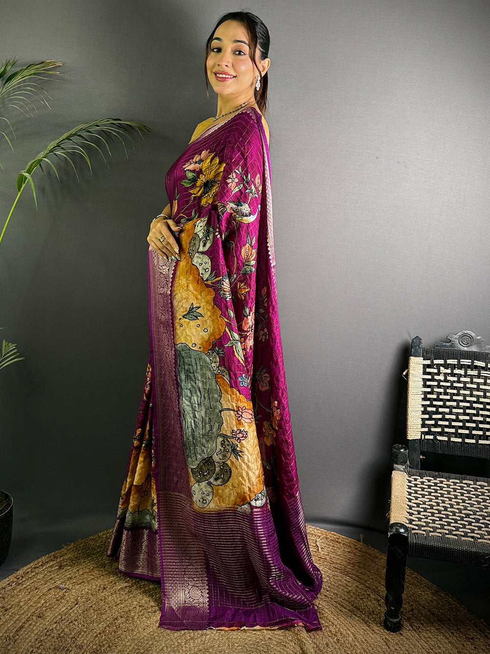 Magenta Soft Silk Saree with Artistic Digital Print & Woven Zari Border