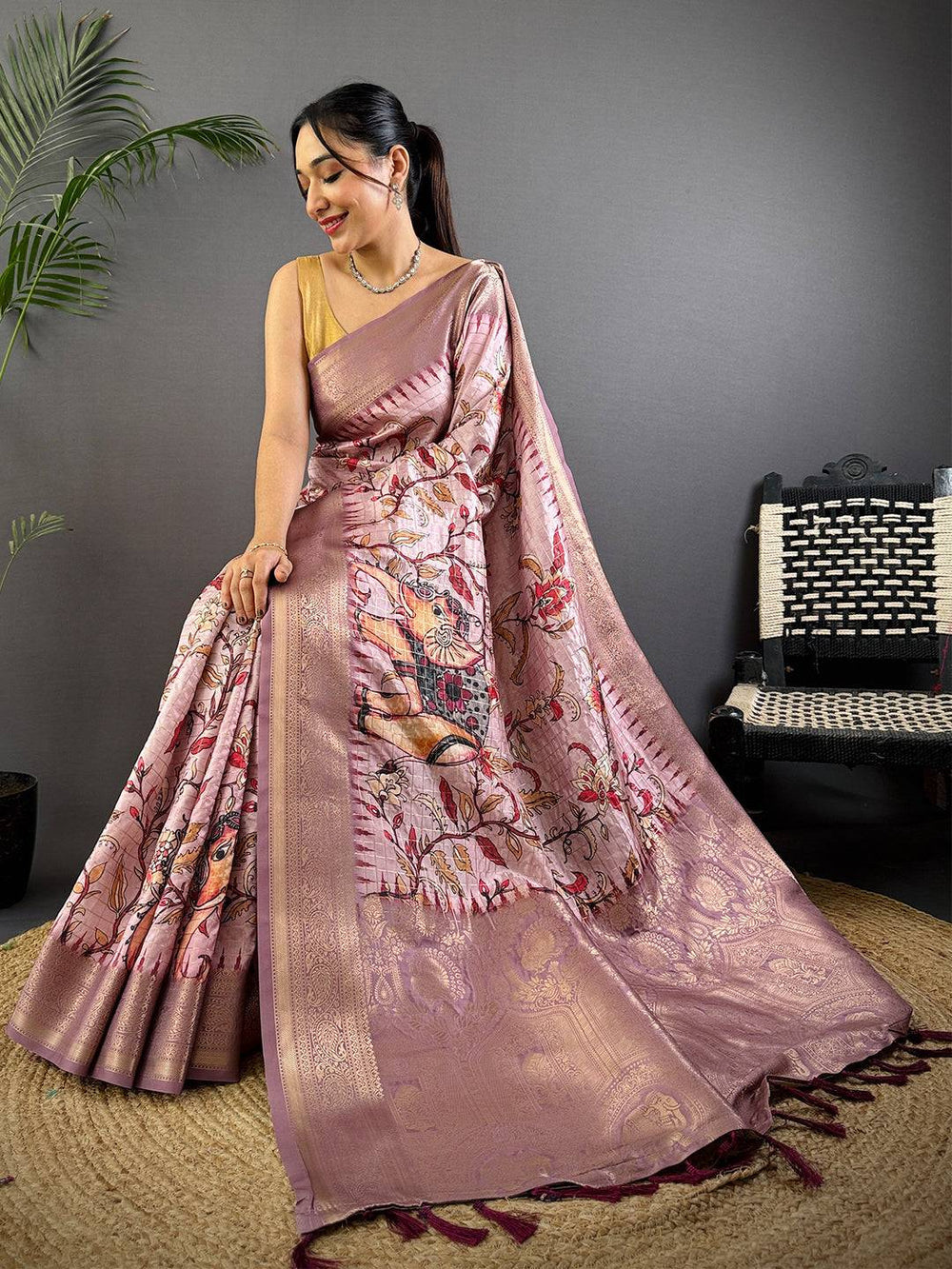 Dusty Pink Soft Silk Saree with Artistic Digital Print & Rich Zari Border