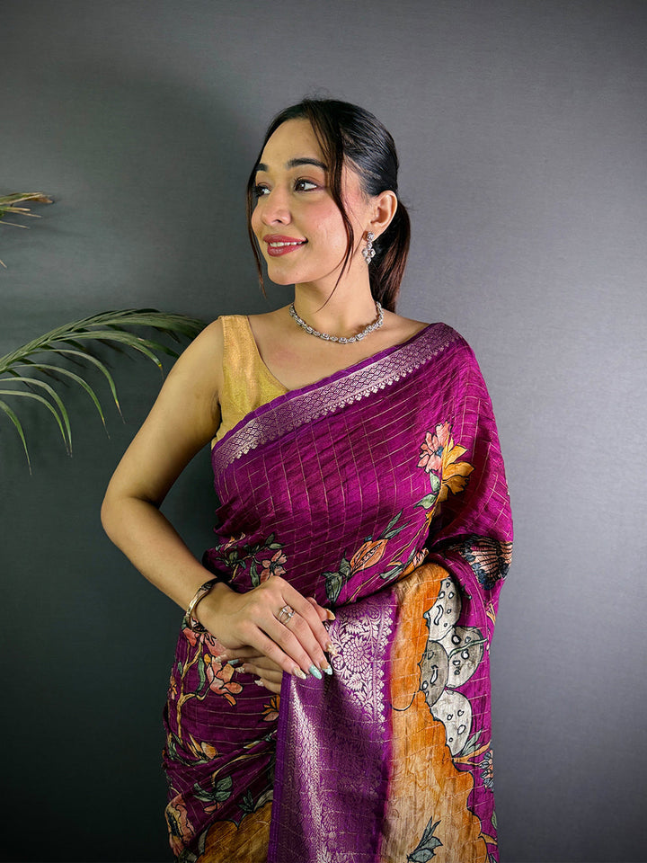 Magenta Soft Silk Saree with Artistic Digital Print & Woven Zari Border