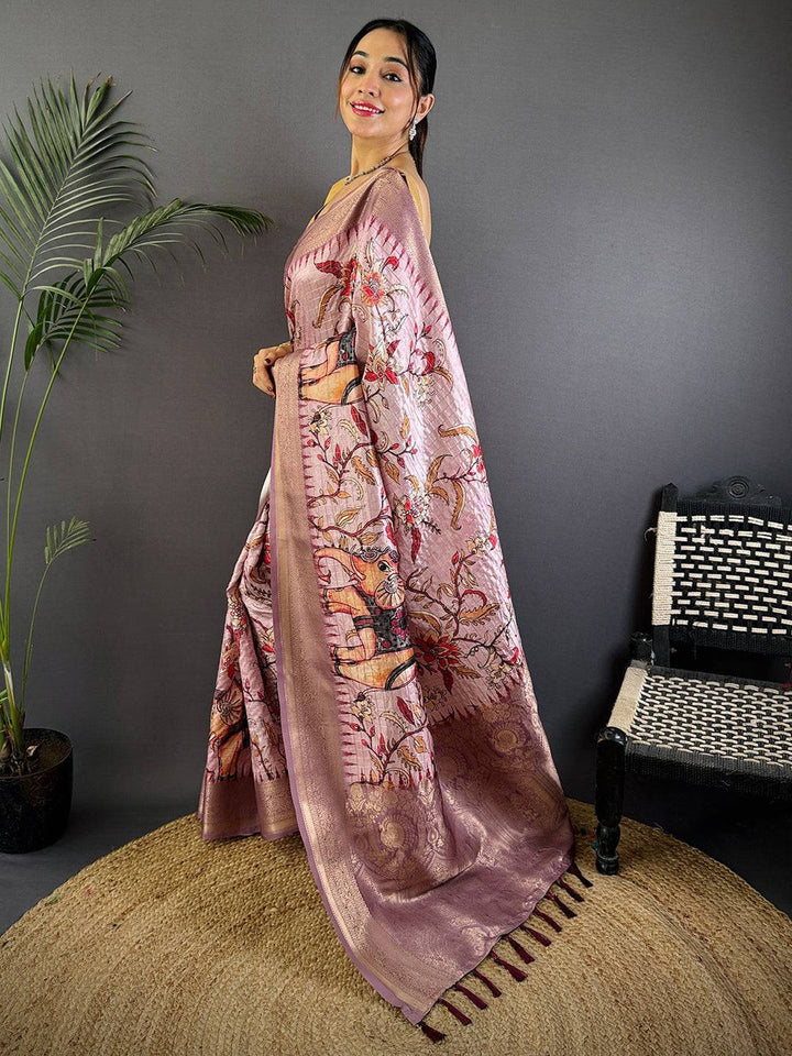 Dusty Pink Soft Silk Saree with Artistic Digital Print & Rich Zari Border