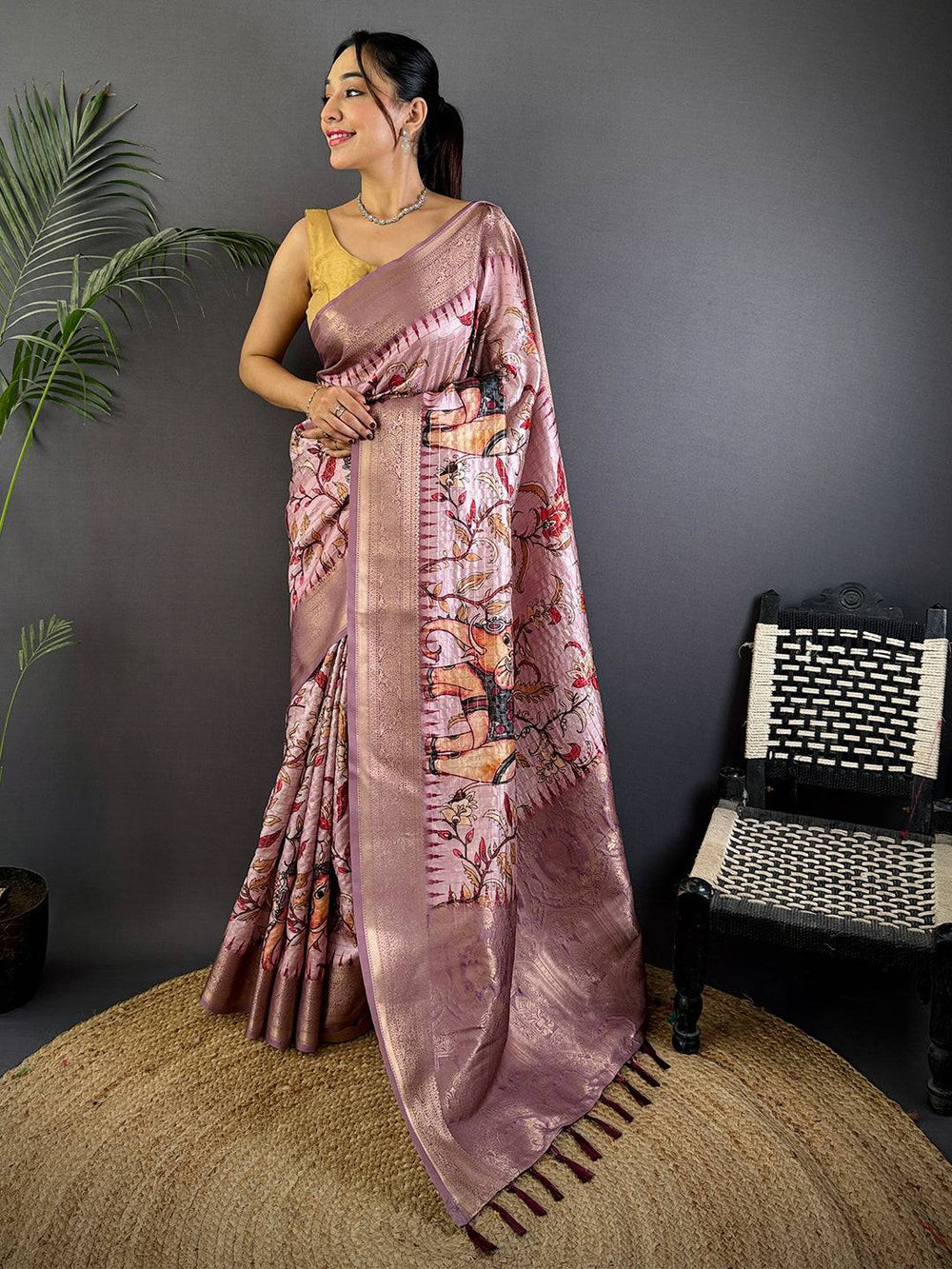 Dusty Pink Soft Silk Saree with Artistic Digital Print & Rich Zari Border