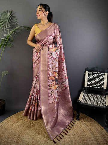 Dusty Pink Soft Silk Saree with Artistic Digital Print & Rich Zari Border