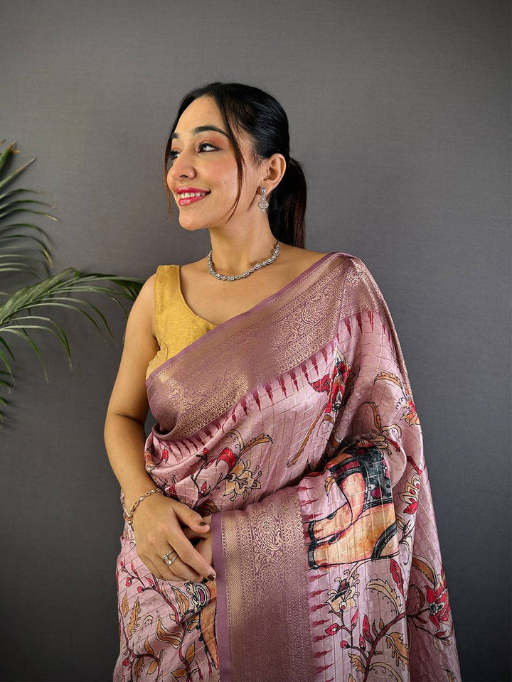 Dusty Pink Soft Silk Saree with Artistic Digital Print & Rich Zari Border