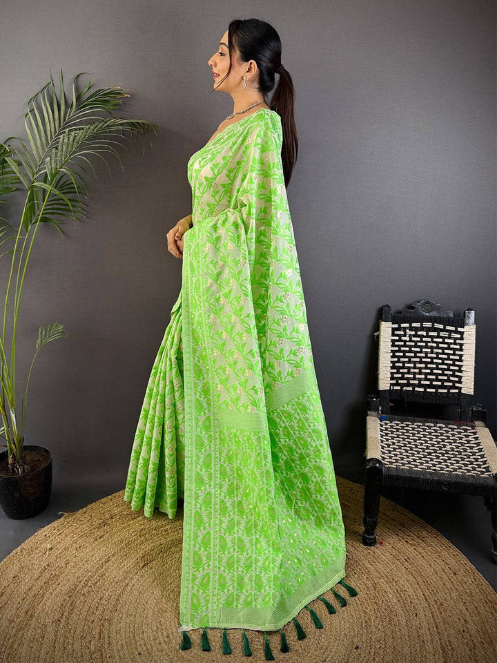 Lime Green Soft Silk Saree with All-Over Jacquard Weaving & Tassel Border