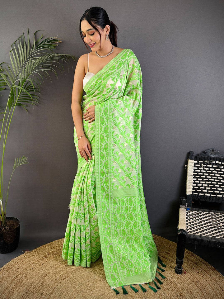 Lime Green Soft Silk Saree with All-Over Jacquard Weaving & Tassel Border
