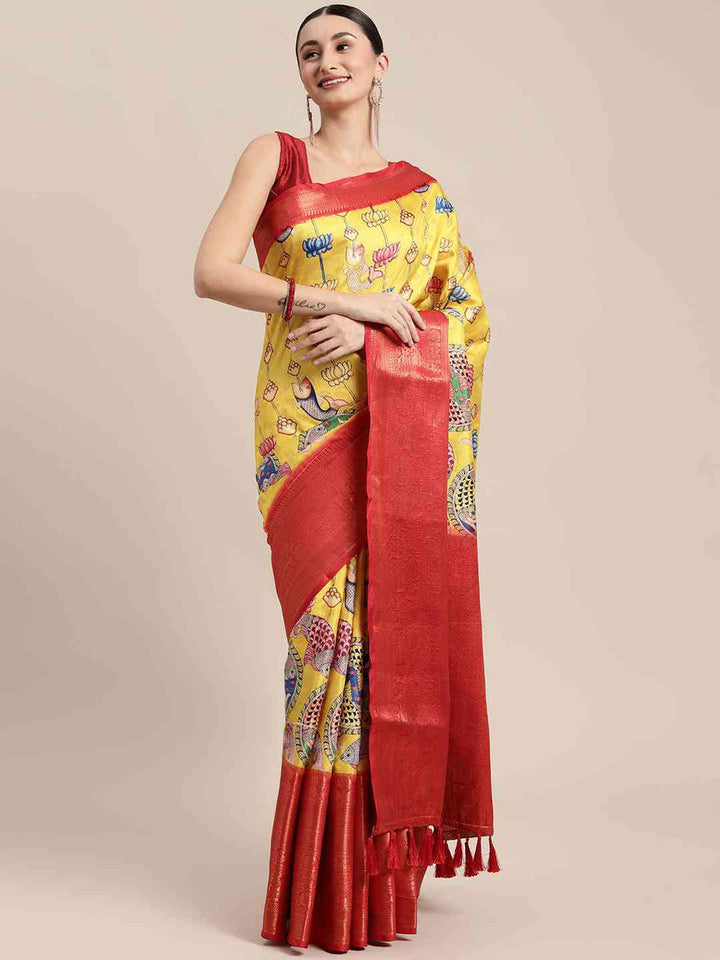 Yellow Printed Silk Saree with Red Zari Border & Traditional Motif Pallu