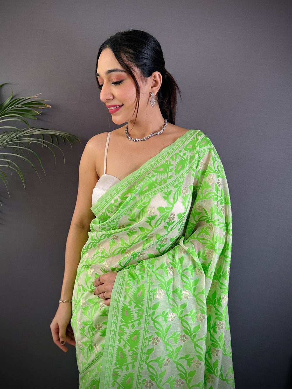 Lime Green Soft Silk Saree with All-Over Jacquard Weaving & Tassel Border