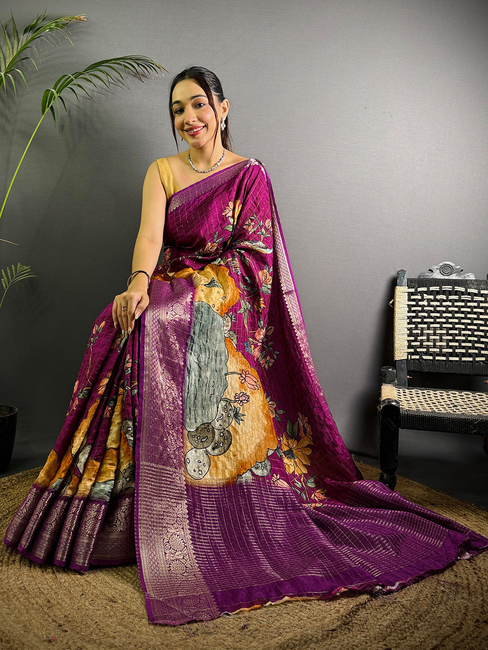 Magenta Soft Silk Saree with Artistic Digital Print & Woven Zari Border