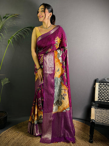 Magenta Soft Silk Saree with Artistic Digital Print & Woven Zari Border