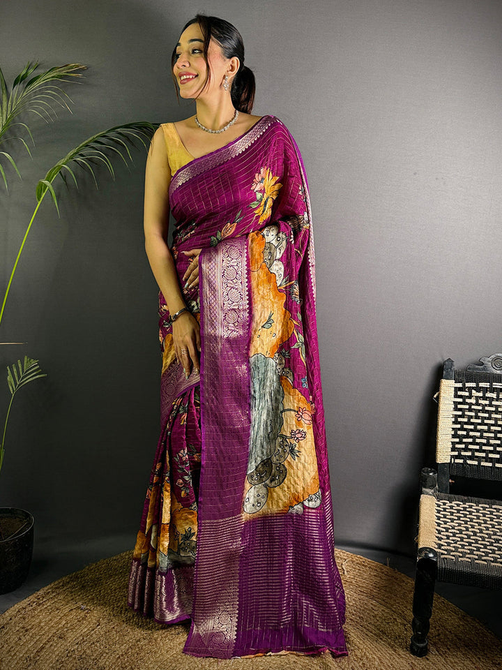 Magenta Soft Silk Saree with Artistic Digital Print & Woven Zari Border