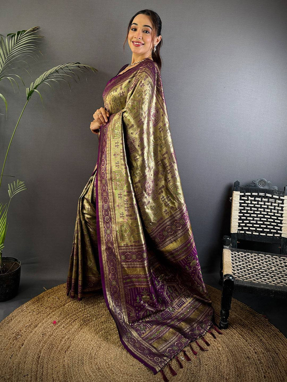 Olive Green & Purple Banarasi Soft Silk Saree with Rich Zari Weaving