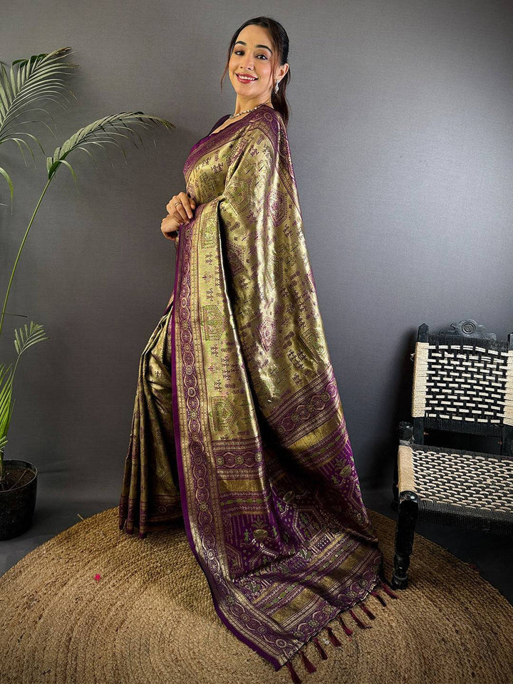 Olive Green & Purple Banarasi Soft Silk Saree with Rich Zari Weaving