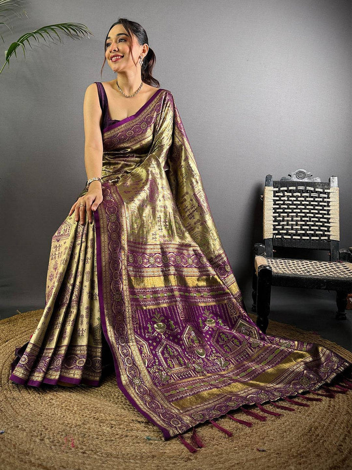 Olive Green & Purple Banarasi Soft Silk Saree with Rich Zari Weaving