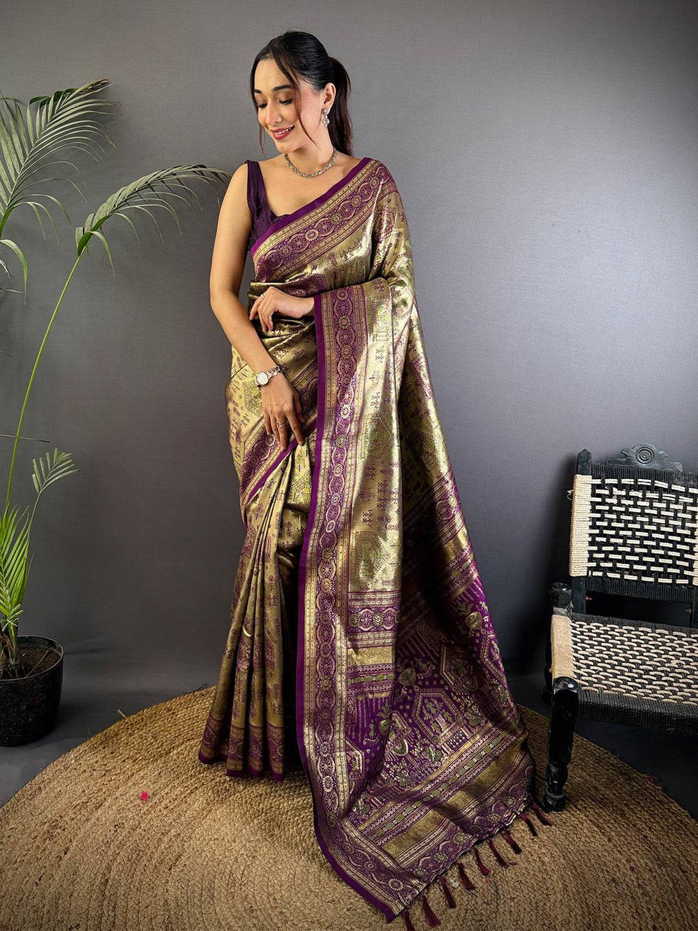 Olive Green & Purple Banarasi Soft Silk Saree with Rich Zari Weaving