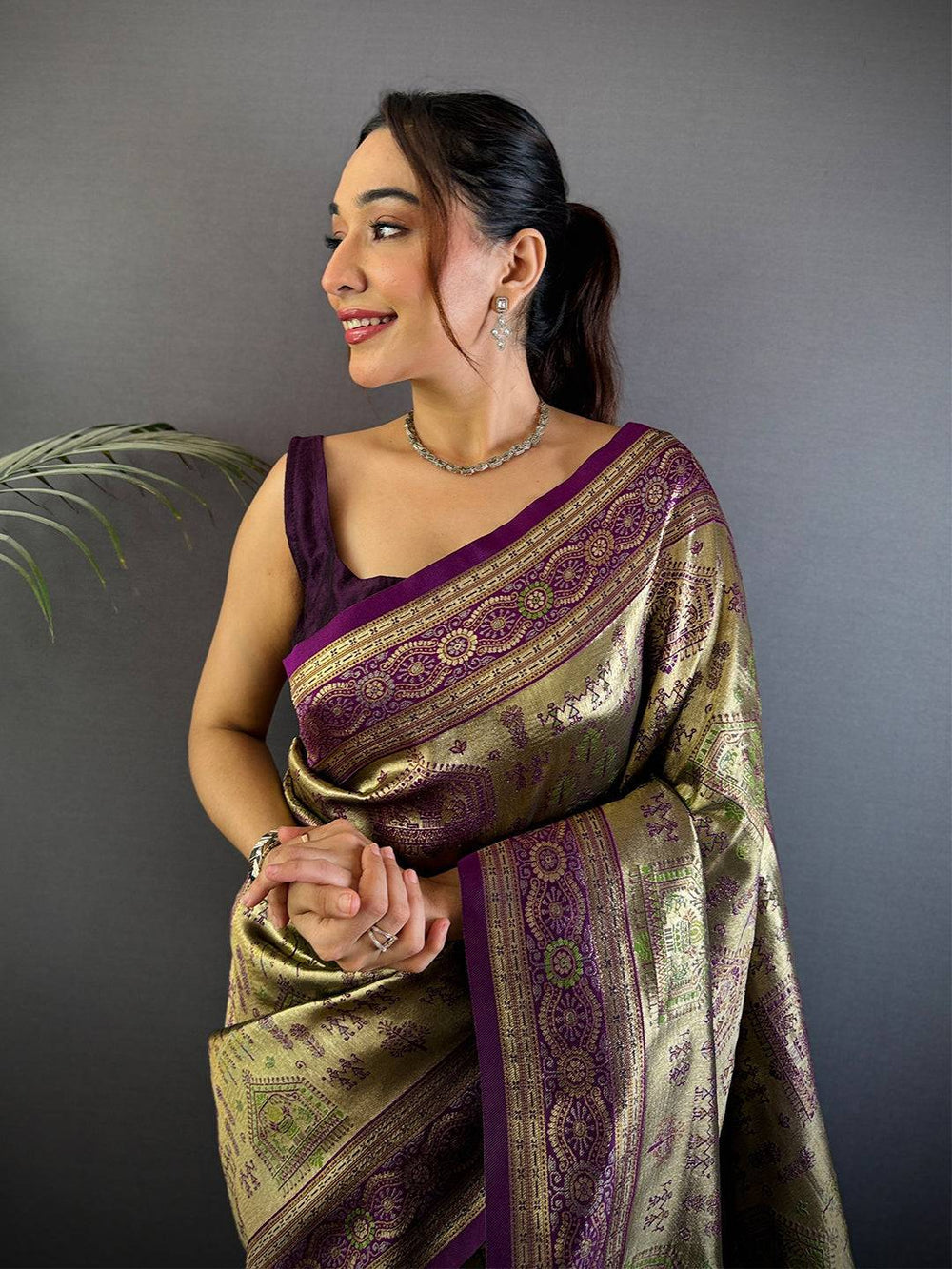 Olive Green & Purple Banarasi Soft Silk Saree with Rich Zari Weaving