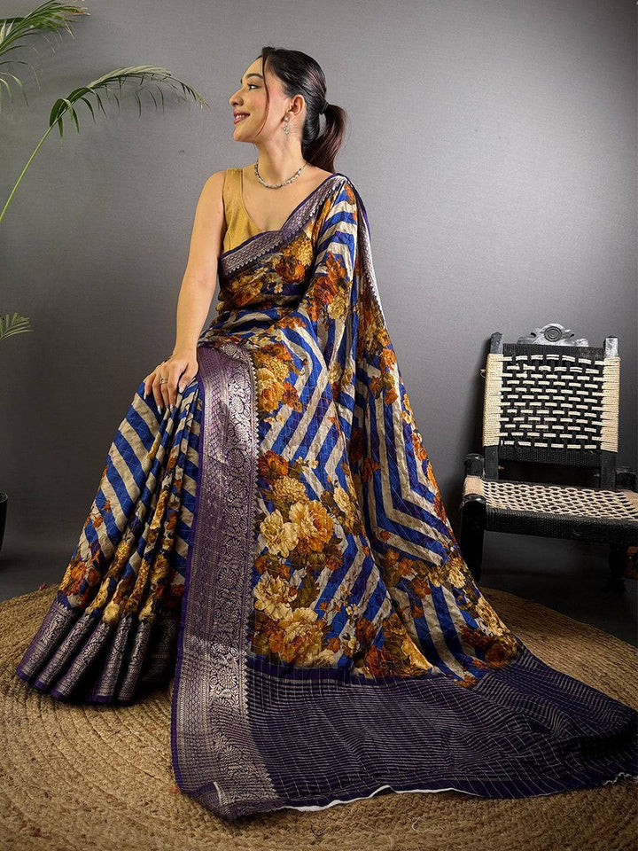 Navy Blue Soft Silk Saree with Floral Print & Zari Border