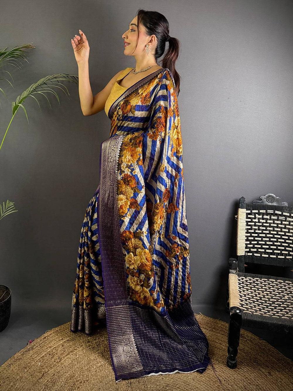 Navy Blue Soft Silk Saree with Floral Print & Zari Border