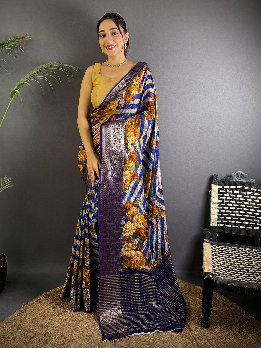 Navy Blue Soft Silk Saree with Floral Print & Zari Border
