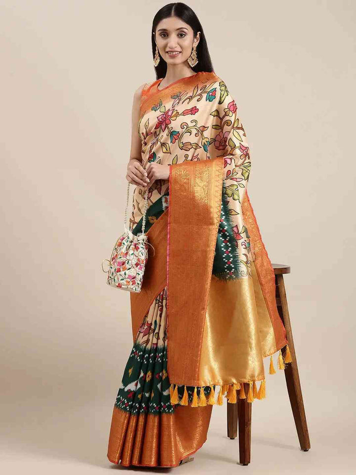 Cream Floral Printed Silk Saree with Golden Zari Border & Multicolor Ikat Pleats