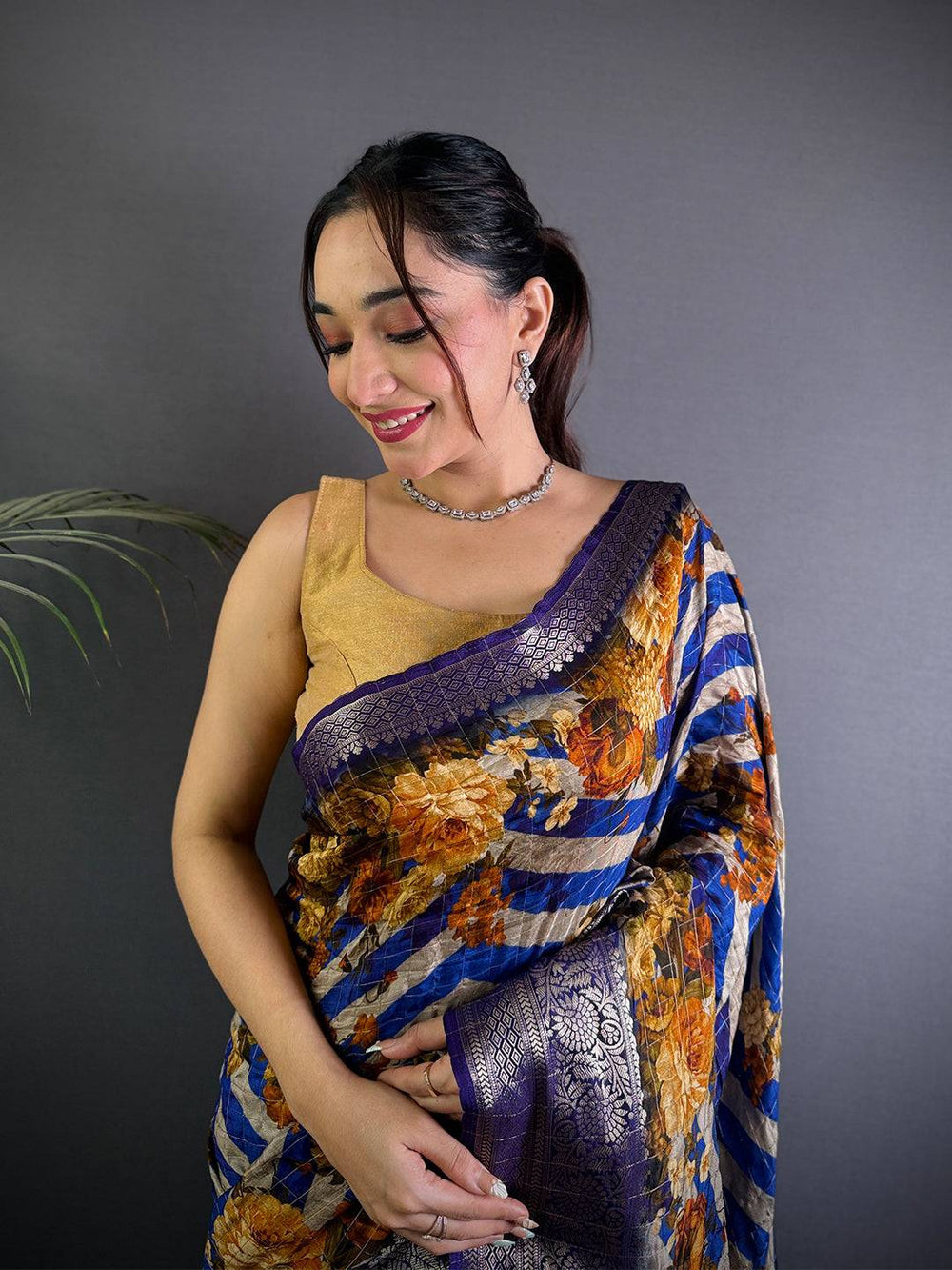 Navy Blue Soft Silk Saree with Floral Print & Zari Border