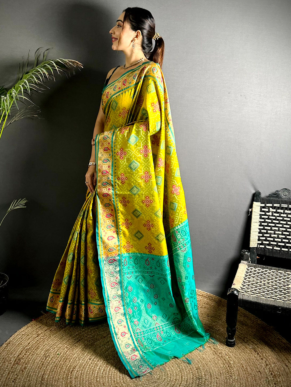 Yellow & Turquoise Soft Silk Patola Print Saree with Contrast Border