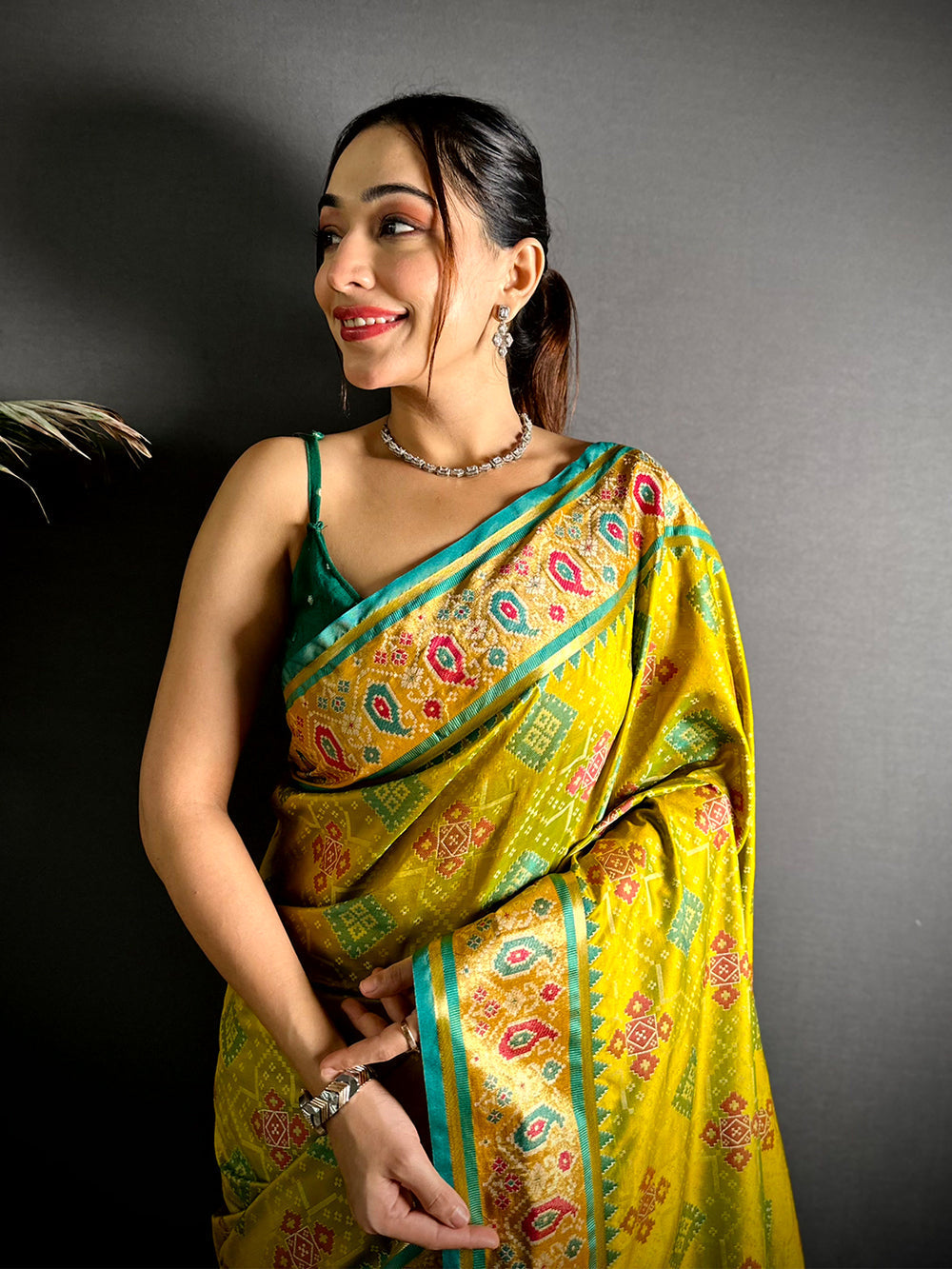 Yellow & Turquoise Soft Silk Patola Print Saree with Contrast Border