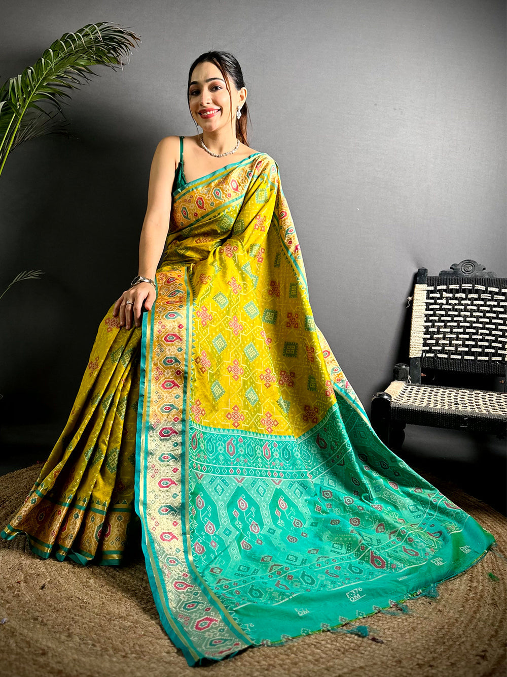 Yellow & Turquoise Soft Silk Patola Print Saree with Contrast Border