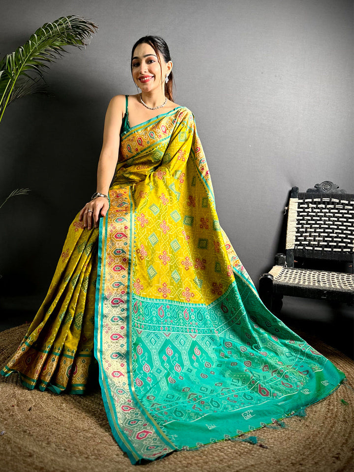 Yellow & Turquoise Soft Silk Patola Print Saree with Contrast Border