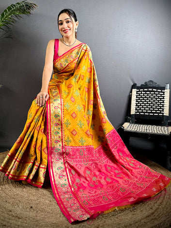 Yellow & Pink Soft Silk Patola Print Saree with Contrast Border