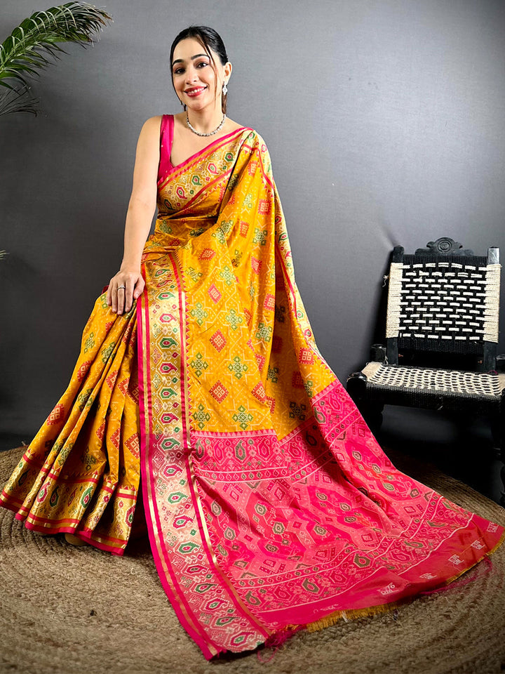 Yellow & Pink Soft Silk Patola Print Saree with Contrast Border