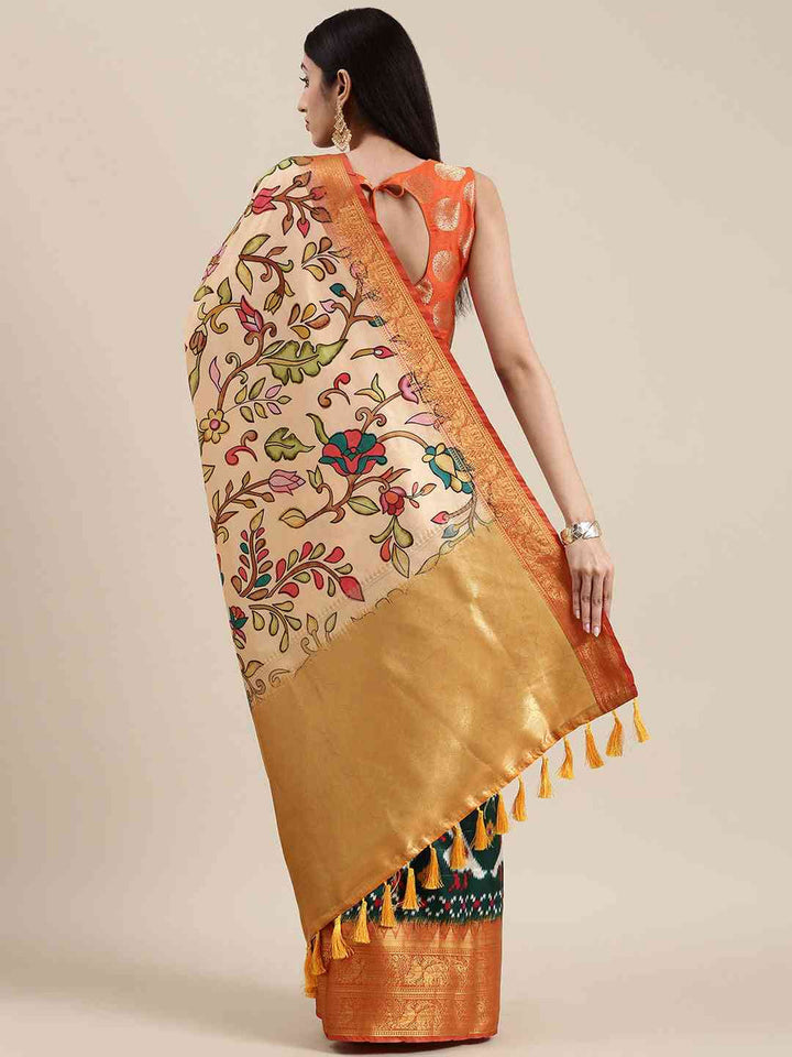 Cream Floral Printed Silk Saree with Golden Zari Border & Multicolor Ikat Pleats