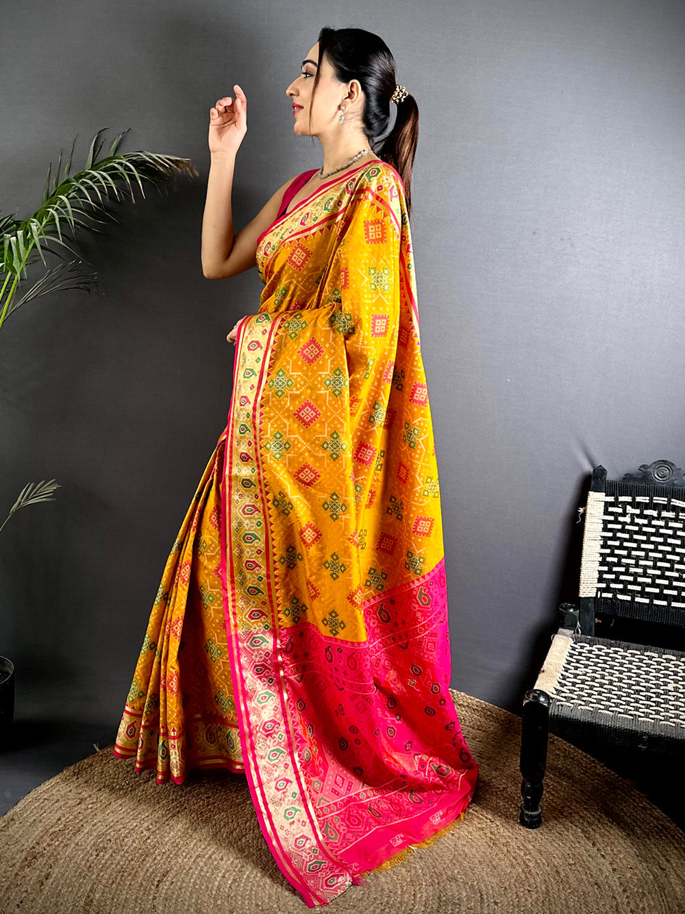 Yellow & Pink Soft Silk Patola Print Saree with Contrast Border