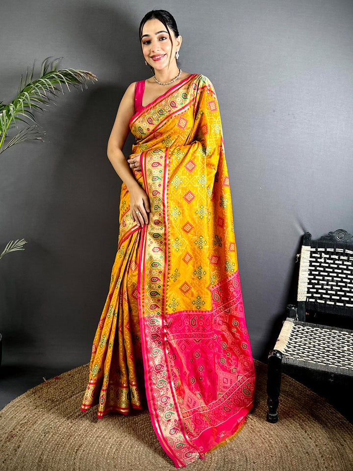 Yellow & Pink Soft Silk Patola Print Saree with Contrast Border