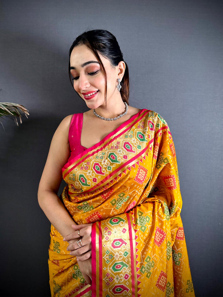 Yellow & Pink Soft Silk Patola Print Saree with Contrast Border