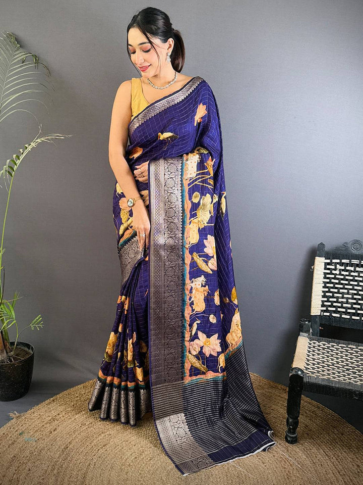 Navy Blue Soft Silk Saree with Floral Digital Print & Silver Zari Border