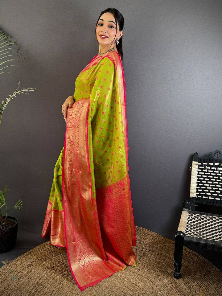 Lime Green & Pink Banarasi Silk Saree with Gold Zari Weaving & Rich Contrast Pallu