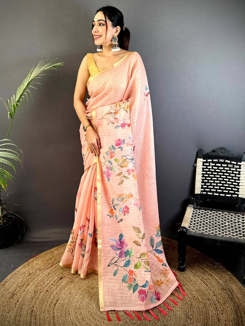 Peach Linen Silk Saree with Multicolor Floral Digital Print & Tassel Border