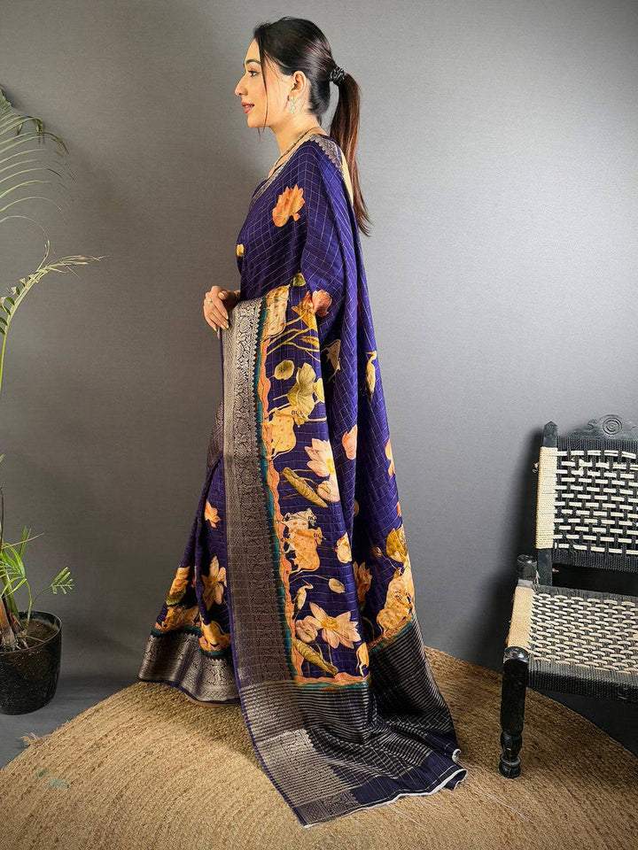 Navy Blue Soft Silk Saree with Floral Digital Print & Silver Zari Border