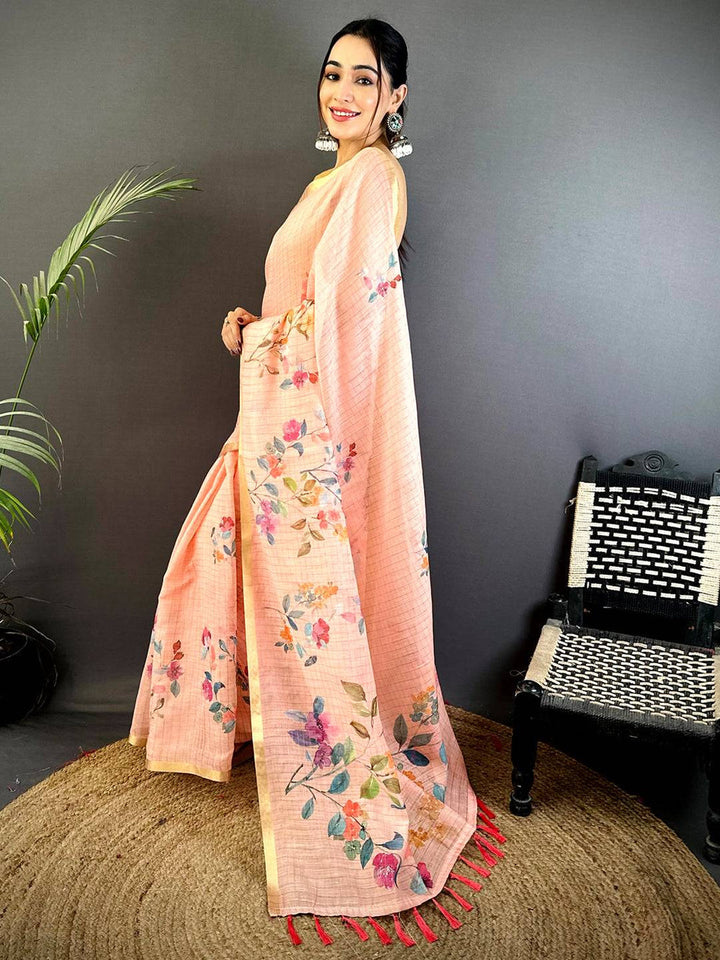 Peach Linen Silk Saree with Multicolor Floral Digital Print & Tassel Border