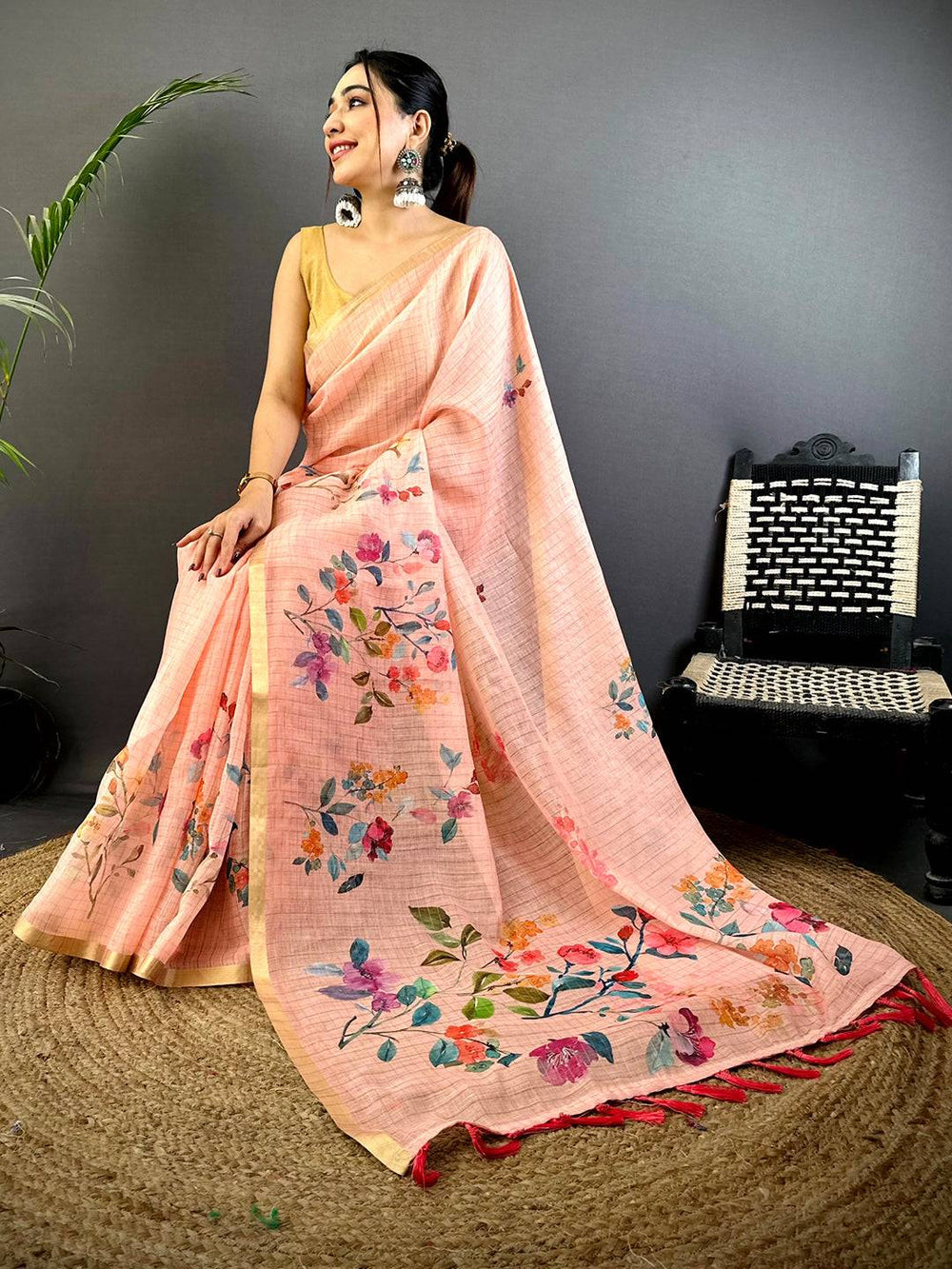 Peach Linen Silk Saree with Multicolor Floral Digital Print & Tassel Border