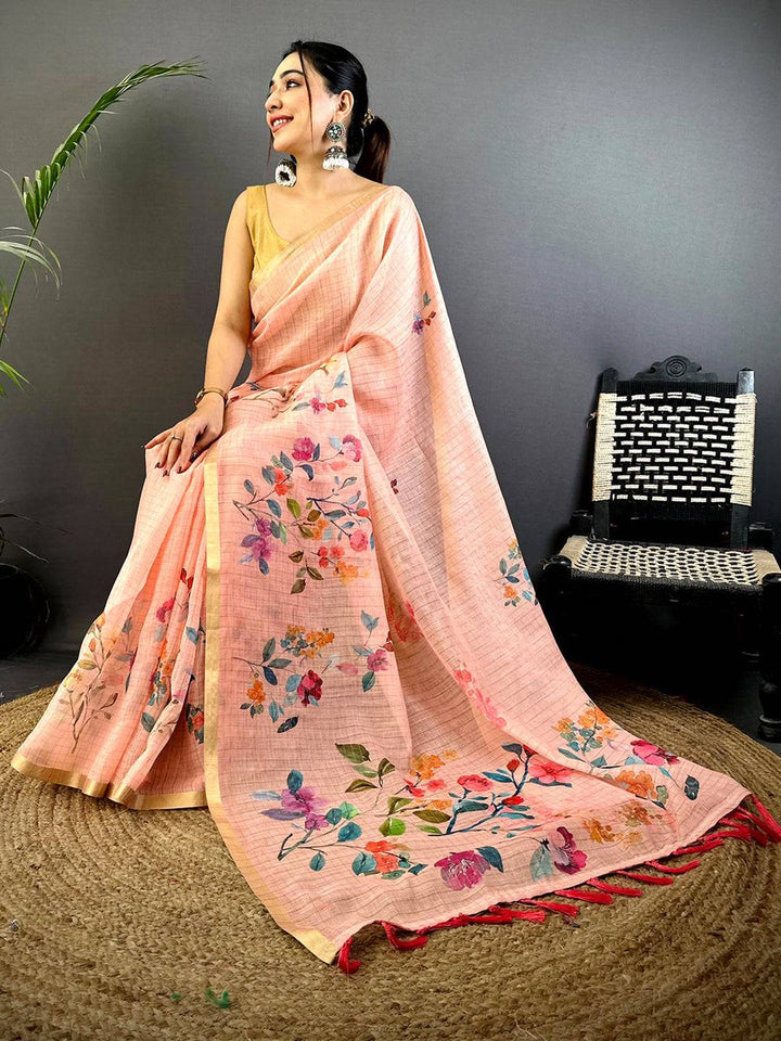 Peach Linen Silk Saree with Multicolor Floral Digital Print & Tassel Border